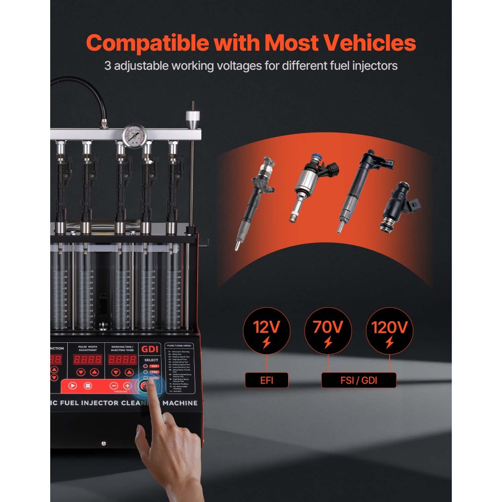 VEVOR Fuel Injector Cleaner Tester, 9 Test Modes, 6-Cylinder 28kHz Ultrasonic Cleaning Machine Adjustable 12V/70V/120V for EFI/FSI/GDI, Injector Cleaner Machine with Drain Valve for Car & Motorcycle