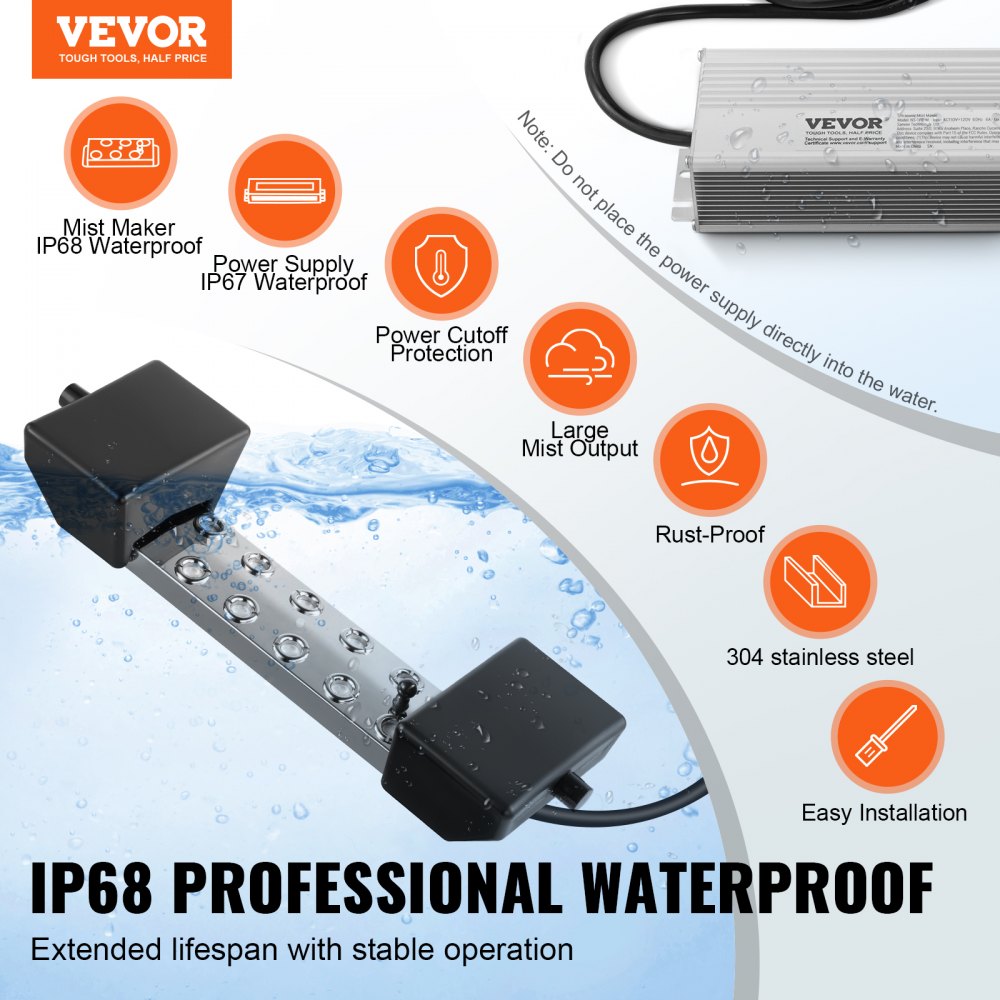 VEVOR Ultrasonic Mist Maker 10 Head, 7000mL/H Ultrasonic Fogger, Mist Maker with 280W IP67 Waterproof Power Supply, Buoy, Replacement Discs, for Pond, Garden, Rockery, Greenhouse, Halloween Decoration