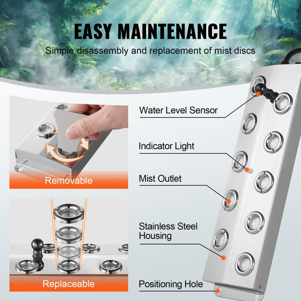 VEVOR Ultrasonic Mist Maker 10 Head, 7000mL/H Ultrasonic Fogger, Mist Maker with 280W IP67 Waterproof Power Supply, Buoy, Replacement Discs, for Pond, Garden, Rockery, Greenhouse, Halloween Decoration