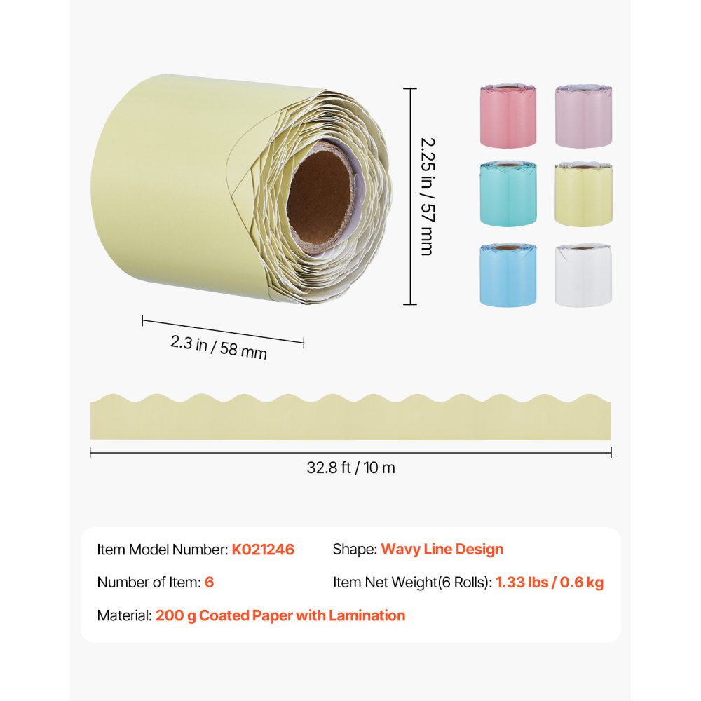 VEVOR Bulletin Board Borders, 6 Rolls 32.8 Feet Scalloped Bulletin Board Borders, Boho Rolled Border Trim with Wavy Line Design, Colorful Pastel Borders for School Classroom Party & Wall Decoration