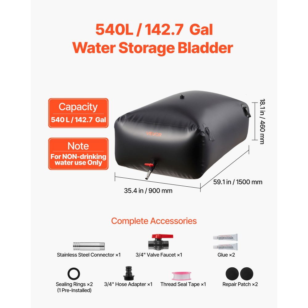 VEVOR Water Storage Bladder 142.7 Gallon Large Capacity Water Bag, Portable & Collapsible Soft Waters Container, Leakproof & Tear-Resistant PVC Emergency Waters Storage Tank for RV Truck & Outdoor Use