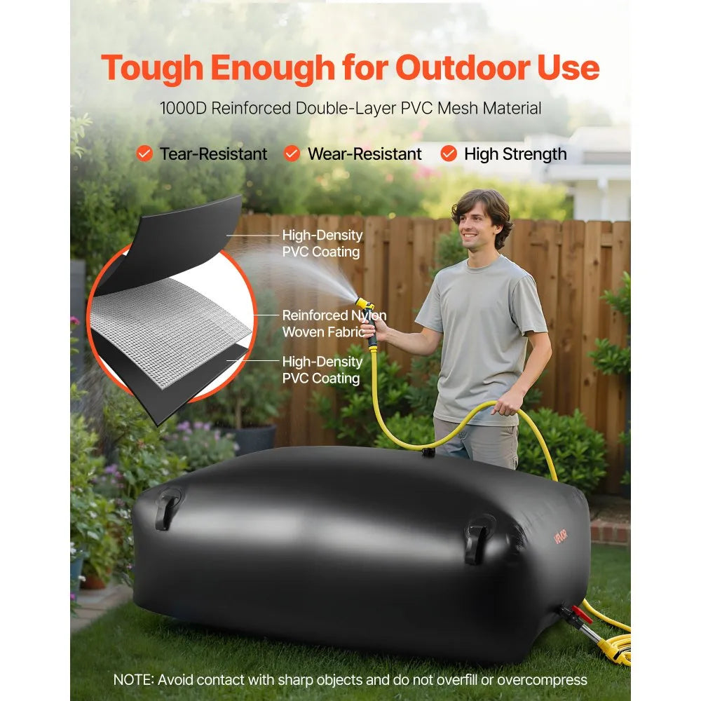 VEVOR Water Storage Bladder, 264.2 Gal Collapsible Water Storage Bag, Wear-Resistant 1000D PVC Soft Waters Bag, Leakproof Camping Tank Containers for Garden Irrigation RV Emergency Use, Black
