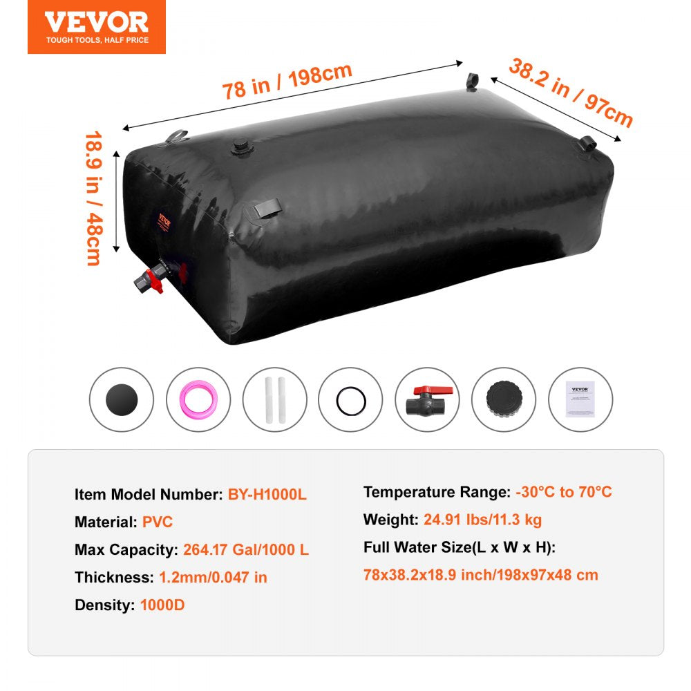 VEVOR 1000L/264 Gallon Water Storage Bladder, RV Water Tank, 1000D PVC Collapsible Water Storage Containers, Large Capacity Soft Water Bag, Portable Water Bladder, Fire Prevention, Camping, Emergency