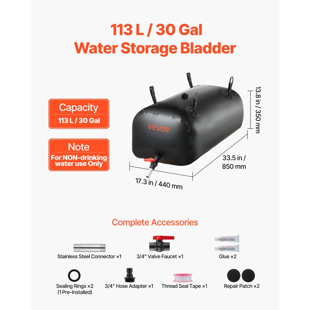 VEVOR Water Storage Bladder, 30 Gal Collapsible Water Storage Bag, Wear-Resistant 1000D PVC Soft Waters Bag, Leakproof Camping Tank Containers for Garden Irrigation RV Emergency Use, Black
