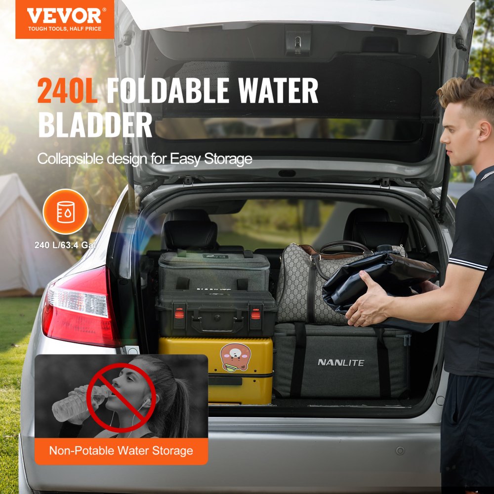 VEVOR 240L/63.4 Gallon Water Storage Bladder, Portable RV Water Tank, 1000D PVC Collapsible Water Storage Containers,  Soft Water Storage Bag, Water Bladder, Fire Prevention, Camping, Emergency Water