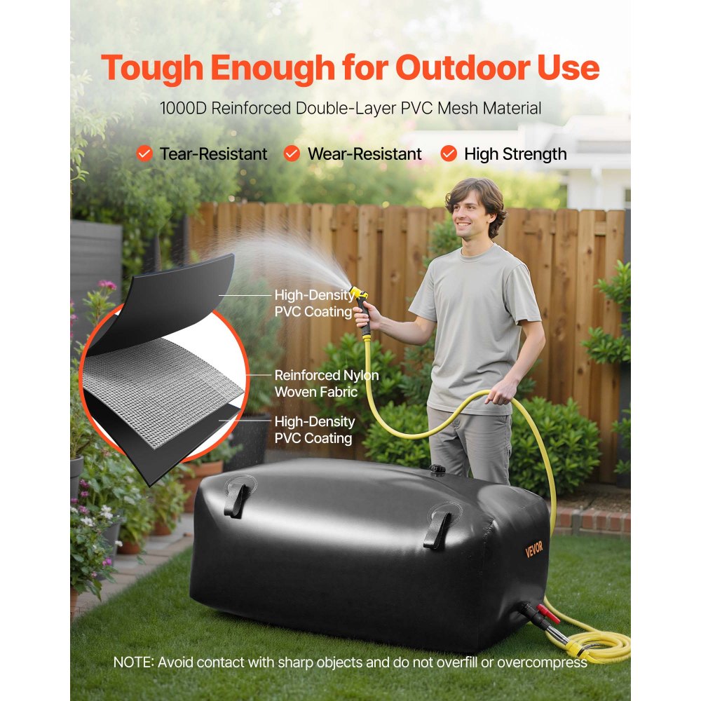 VEVOR Water Storage Bladder, 87.2 Gal Collapsible Water Storage Bag, Wear-Resistant 1000D PVC Soft Waters Bag, Leakproof Camping Tank Containers for Garden Irrigation RV Emergency Use, Black