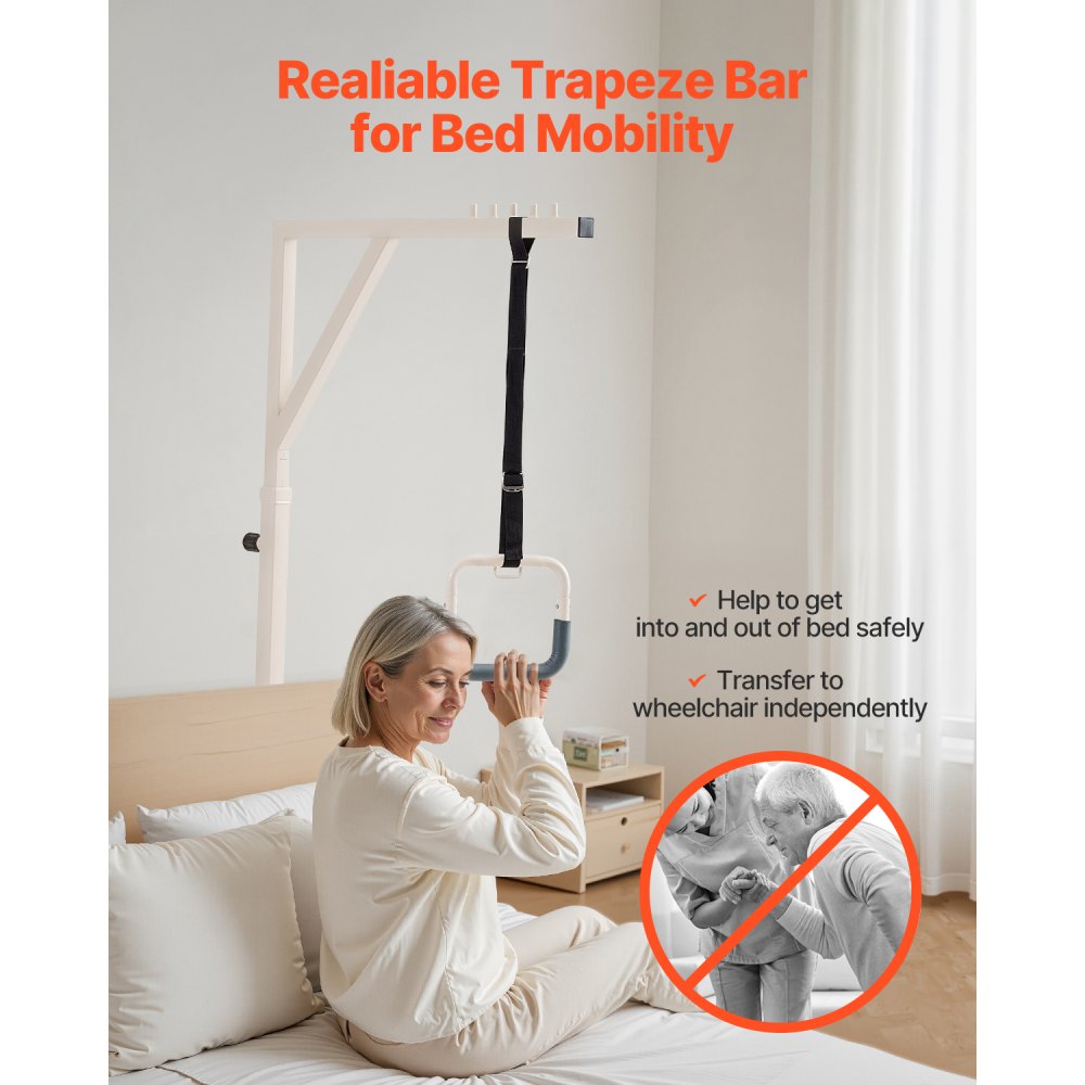 VEVOR Trapeze Bar for Bed Mobility, Height-Adjustable Bed Trapeze with 2 Casters, 350LBS Weight Capacity Heavy Duty Pull Up Trapeze Bar with Floor Stand for Elderly, Disabled, Bedridden Patients