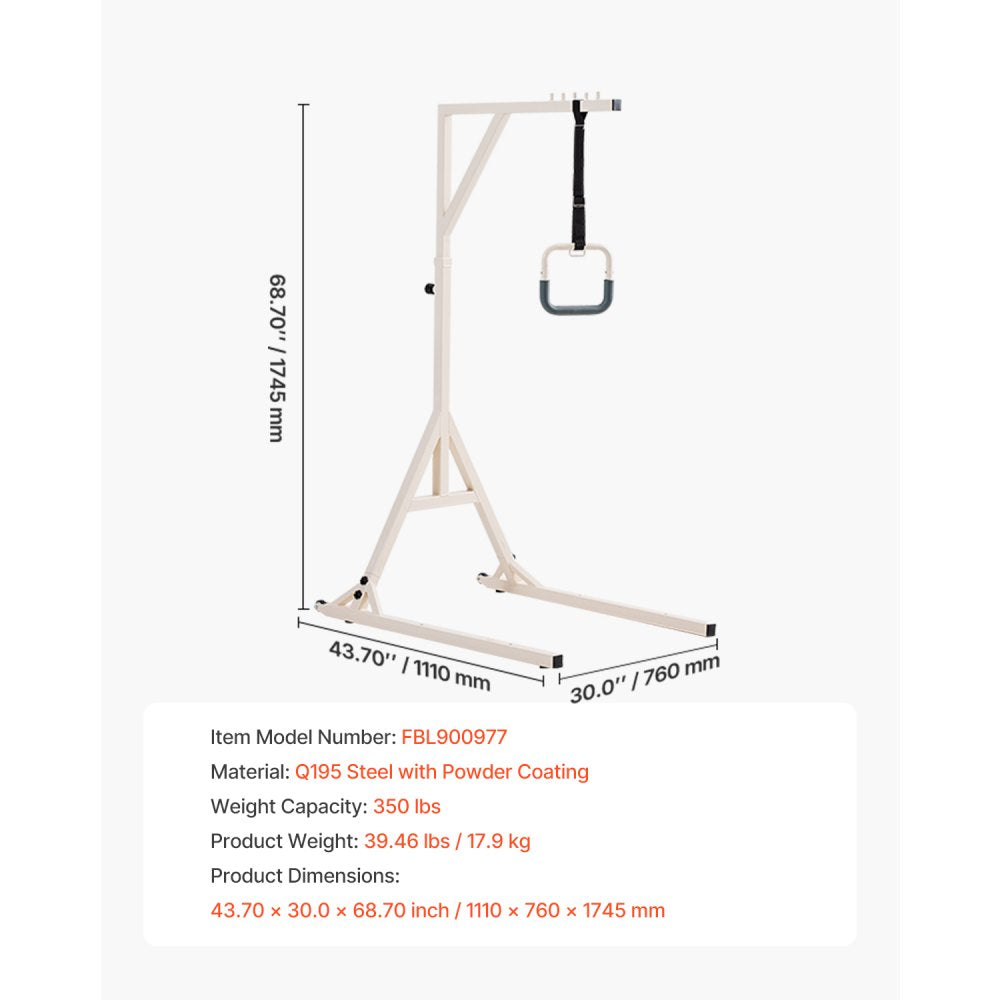 VEVOR Trapeze Bar for Bed Mobility, Height-Adjustable Bed Trapeze with 2 Casters, 350LBS Weight Capacity Heavy Duty Pull Up Trapeze Bar with Floor Stand for Elderly, Disabled, Bedridden Patients