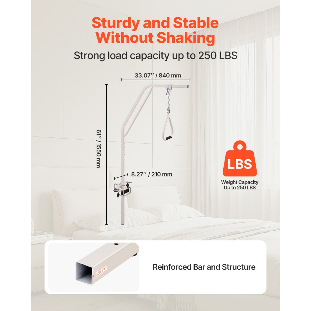 VEVOR Trapeze Bar for Bed Mobility, Medical Bed Trapeze with Clamps & Metal Chain, 250LBS Weight Capacity Bed Pull Up Assist for Elderly & Disabled, Ideal for Home Care, Hospitals, Nursing Homes