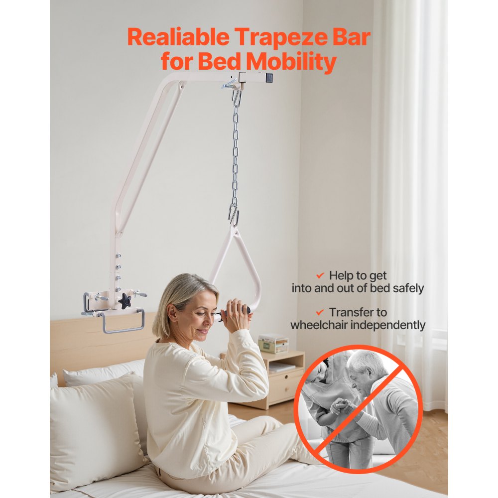 VEVOR Trapeze Bar for Bed Mobility, Medical Bed Trapeze with Clamps & Metal Chain, 250LBS Weight Capacity Bed Pull Up Assist for Elderly & Disabled, Ideal for Home Care, Hospitals, Nursing Homes