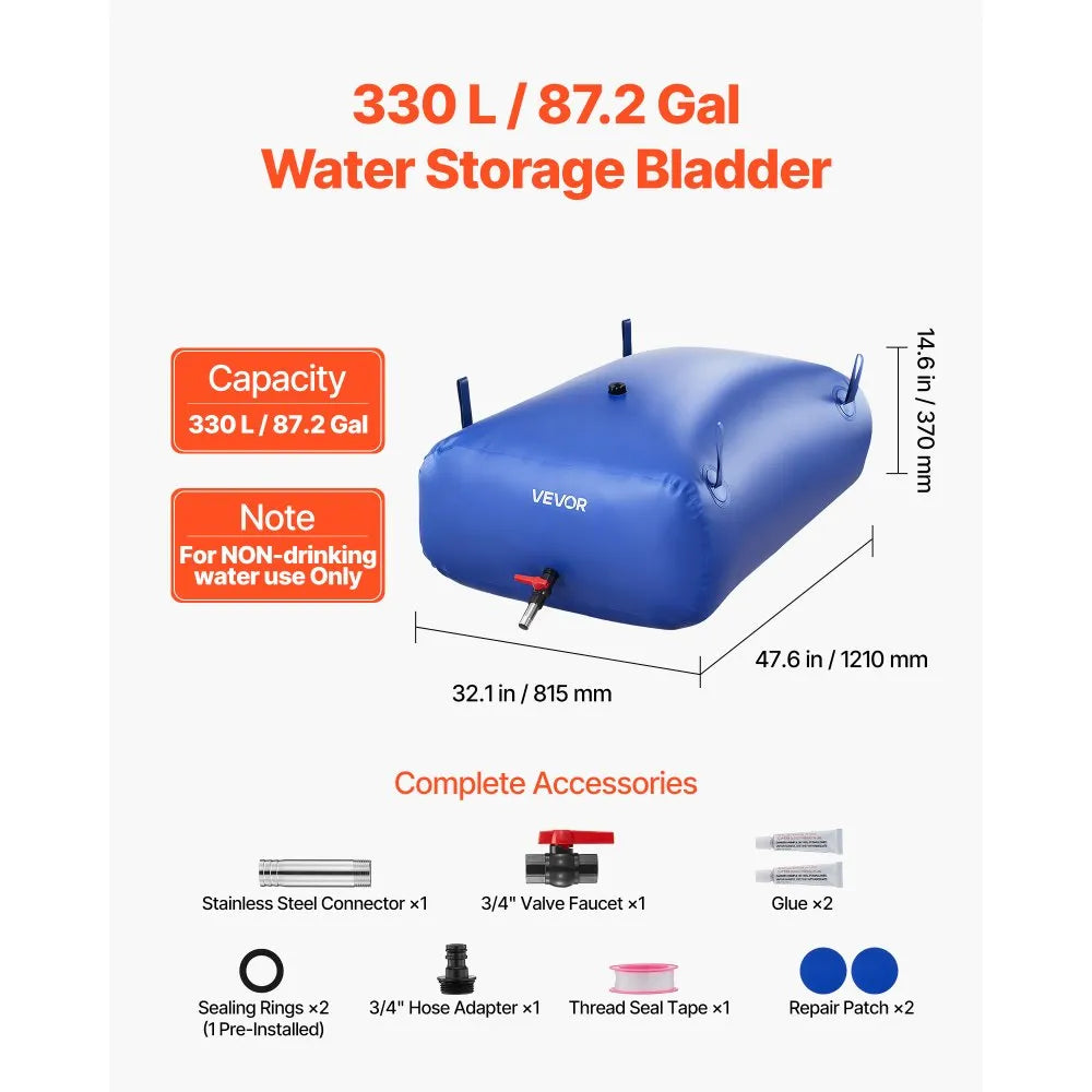 VEVOR Water Storage Bladder, 87.2 Gal Collapsible Water Storage Bag, Wear-Resistant 1000D PVC Soft Waters Bag, Leakproof Camping Tank Containers for Garden Irrigation RV Emergency Use, Blue