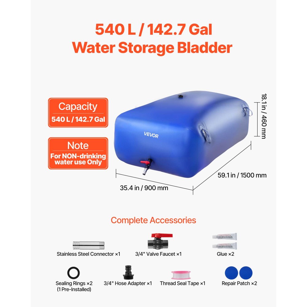 VEVOR Water Storage Bladder, 142.7 Gal Collapsible Water Storage Bag, Wear-Resistant 1000D PVC Soft Waters Bag, Leakproof Camping Tank Containers for Garden Irrigation RV Emergency Use, Blue