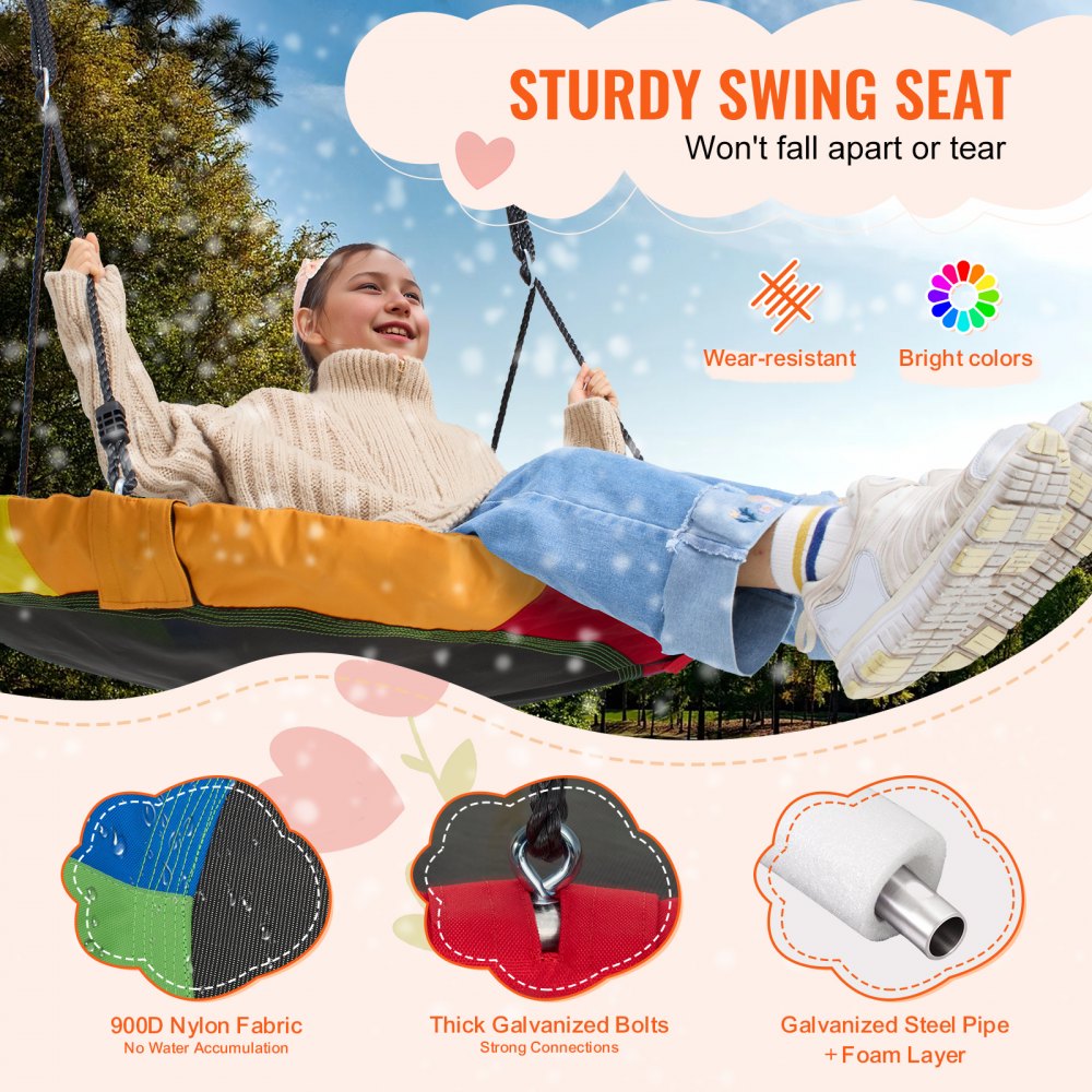 VEVOR Tree Swing, 40 Inch Saucer Swing, 750lbs Weight Capacity, 900D Oxford Fabric Swing Seat with 2 Tree Hanging Straps and Adjustable Multi-Strand Ropes, Round Swing for Kids Outdoor, Multicolor