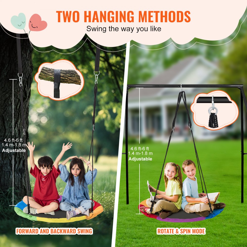 VEVOR Tree Swing, 40 Inch Saucer Swing, 750lbs Weight Capacity, 900D Oxford Fabric Swing Seat with 2 Tree Hanging Straps and Adjustable Multi-Strand Ropes, Round Swing for Kids Outdoor, Multicolor