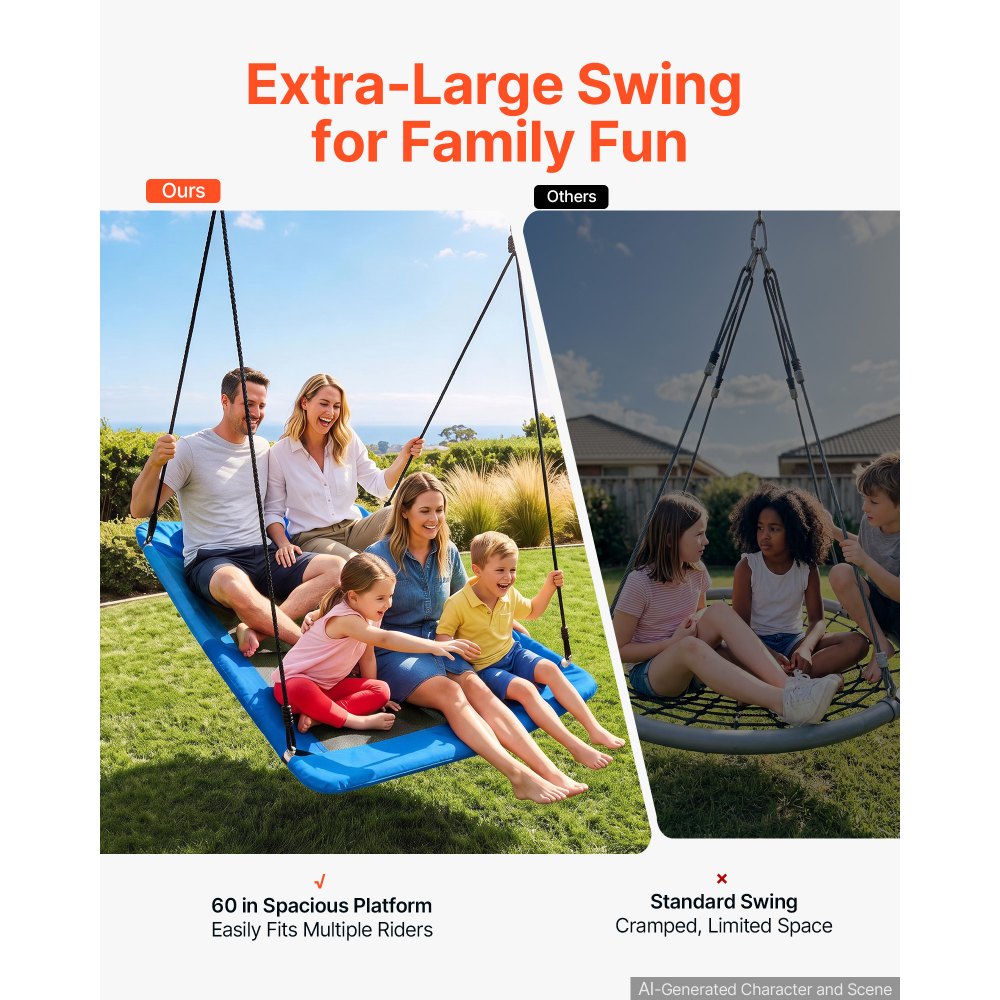 VEVOR Platform Tree Swing for Kids and Adults 700 lbs 60" Rectangle Blue, for Backyard Outdoor & Indoor, 900D Oxford Fabric Giant Seat with 2 Hanging Straps, Adjustable Ropes and Curved Edge Design