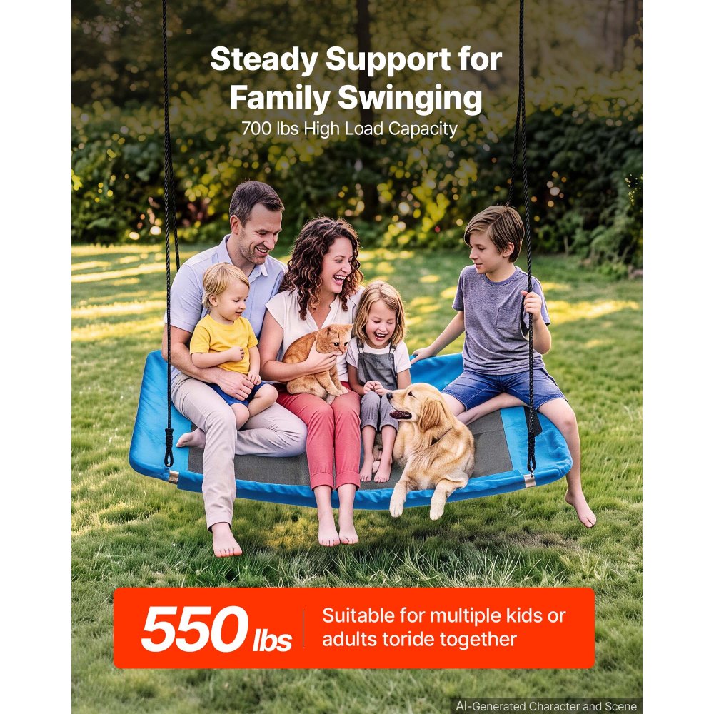 VEVOR Platform Tree Swing for Kids and Adults 700 lbs 60" Rectangle Blue, for Backyard Outdoor & Indoor, 900D Oxford Fabric Giant Seat with 2 Hanging Straps, Adjustable Ropes and Curved Edge Design
