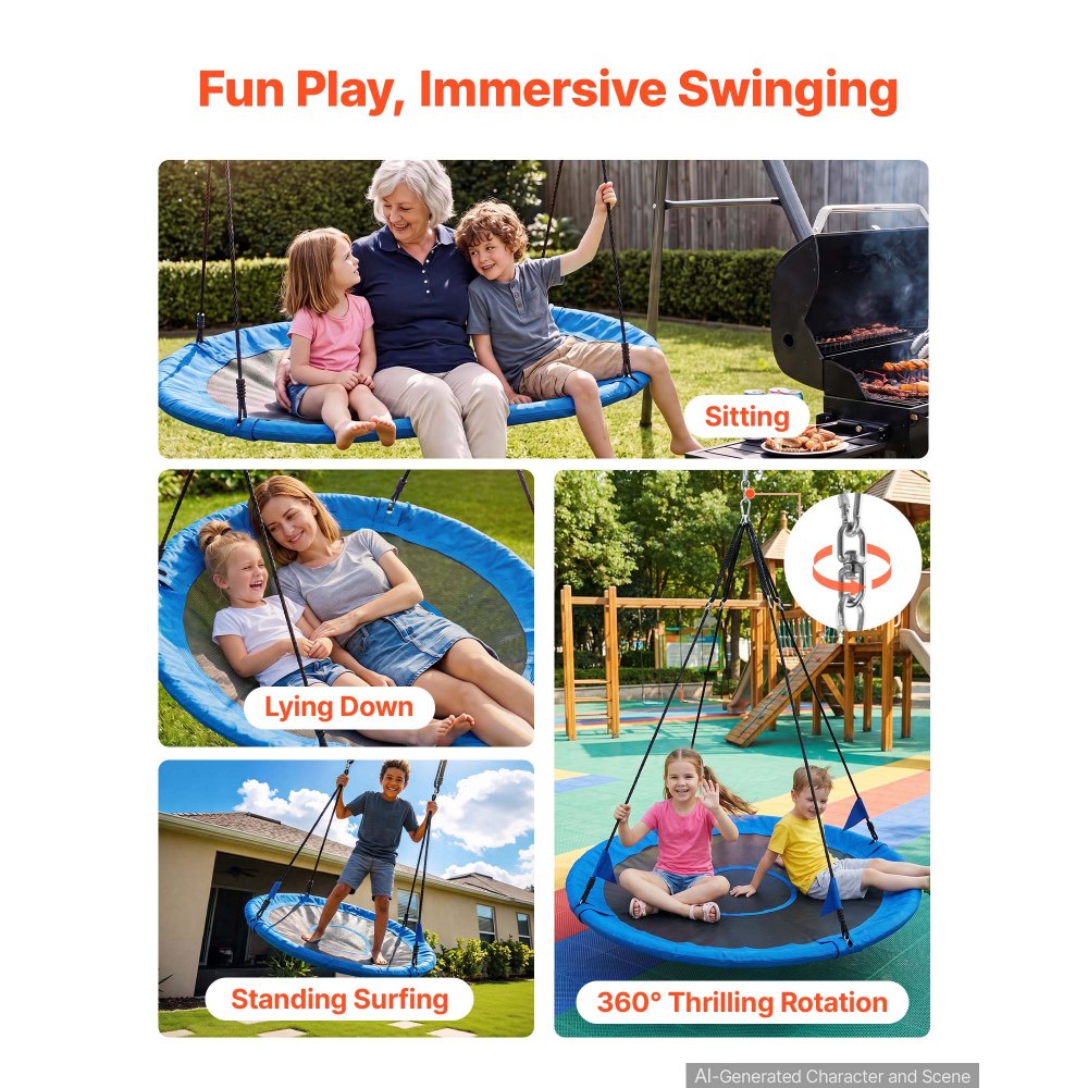 VEVOR Tree Swing 60" Saucer Swing for Kids & Adults 700 lbs Weight Capacity, for Backyard Outdoor & Indoor, 360° Rotation, 900D Oxford Fabric Round Seat with 2 Hanging Straps & Adjustable Ropes, Blue