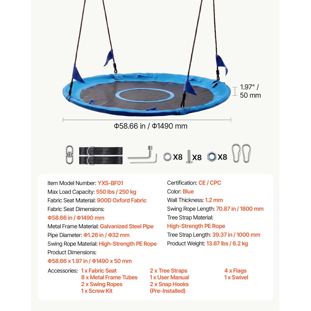 VEVOR Tree Swing 60" Saucer Swing for Kids & Adults 700 lbs Weight Capacity, for Backyard Outdoor & Indoor, 360° Rotation, 900D Oxford Fabric Round Seat with 2 Hanging Straps & Adjustable Ropes, Blue