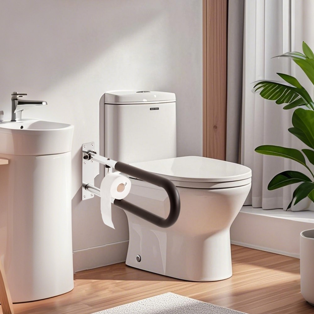 VEVOR Toilet Safety Rail, 30 Inch U-Shaped Handicap Grab Bar, Foldable Senior Safety Pole, Flip Up Toilet Grab Bars with Anti-Slip Handle, 300 Lbs Load Capacity Security Handrail with Paper Holder