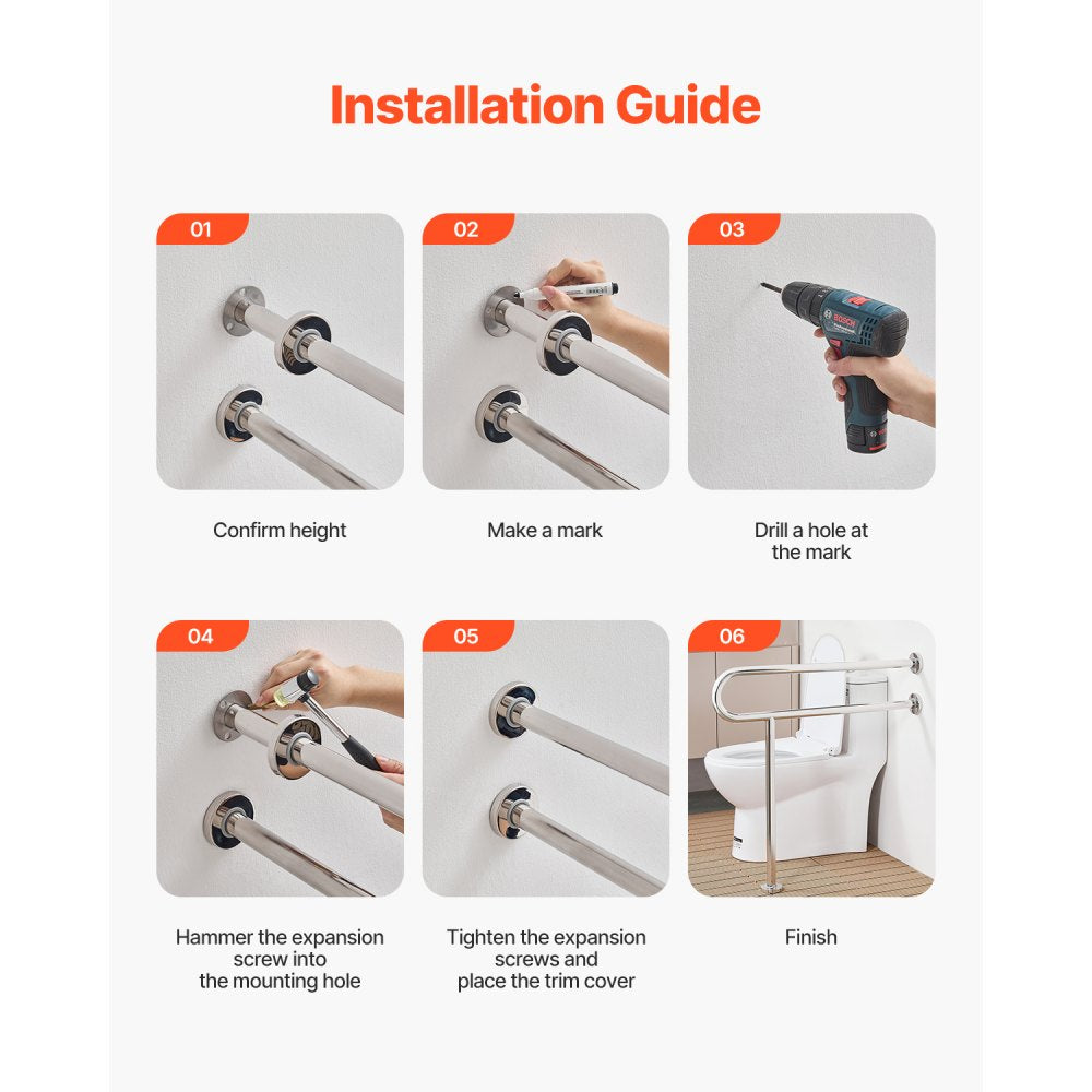 VEVOR Toilet Safety Rail, 31.5 Inch U-Shaped Handicap Grab Bar, 304 Stainless Steel Senior Safety Pole, Toilet Grab Bars with Anti-Slip Handle, 300 Lbs Load Capacity Security Handrail with Support Leg