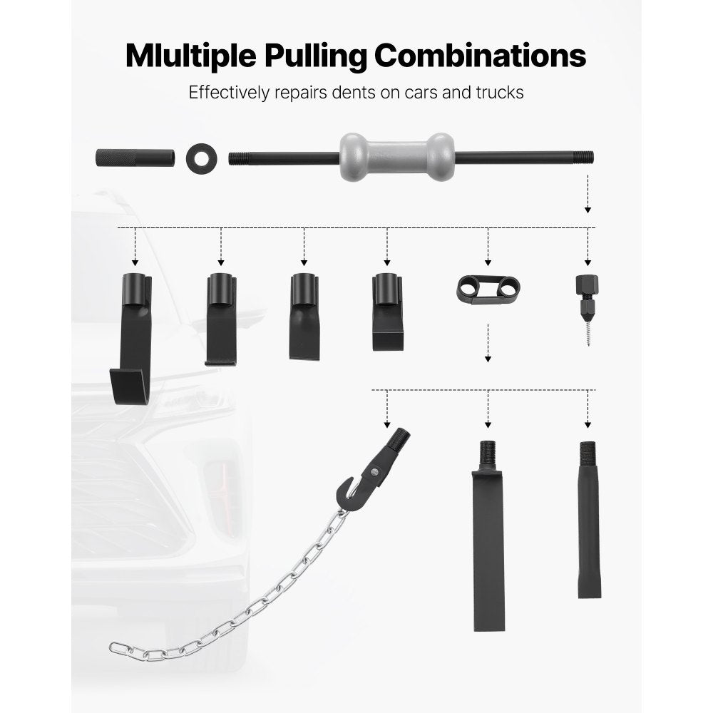 VEVOR Dent Puller Kit, 10 lbs 13-in-1 Slide Hammer Dent Removal Kit, Heavy-Duty Auto Body Truck Repair Automotive Damage Remover Tool Repair Frame with Carrying Case, Extension Rod, Non-Slip Handle