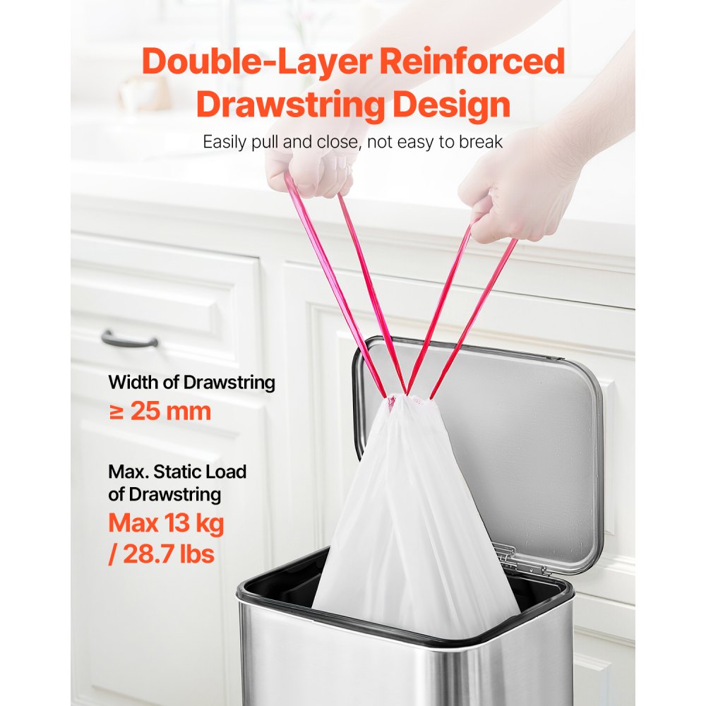 VEVOR Drawstring Trash Bags, 13 Gallon 110 Count Tall Kitchen Trash Bags, Extra Thick Fresh Scent Garbage Bag, Recyclable Bin Bag with Drawstrings, for Home Kitchen, Office, RV and Camping (White)