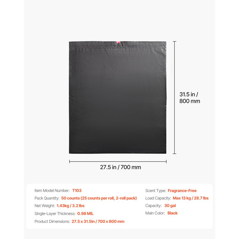 VEVOR Drawstring Trash Bags, 30 Gallon 50 Count Tall Kitchen Trash Bags, Extra Thick Tough and Durable Garbage Bag, Recyclable Bin Bag with Drawstrings, for Home Kitchen, Office, RV & Camping (Black)