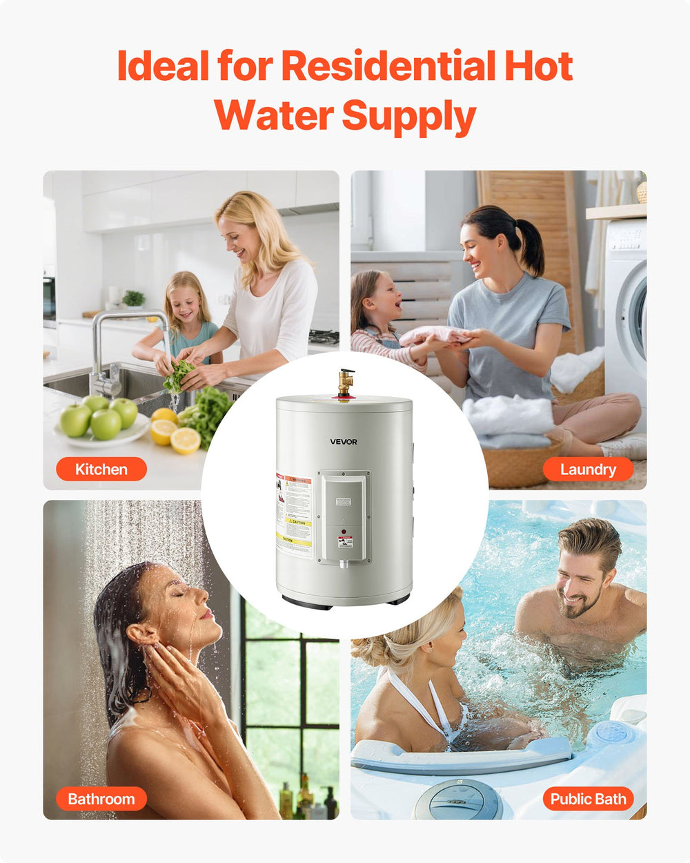VEVOR 12 Gallon Electric Tank Water Heater, 1600W Point-of-Use Hot Water Heater with LED Display, Knob Control, Side Outlet, 120V Storage Design with T&P Valve for Small Apartments & Studios, Gray