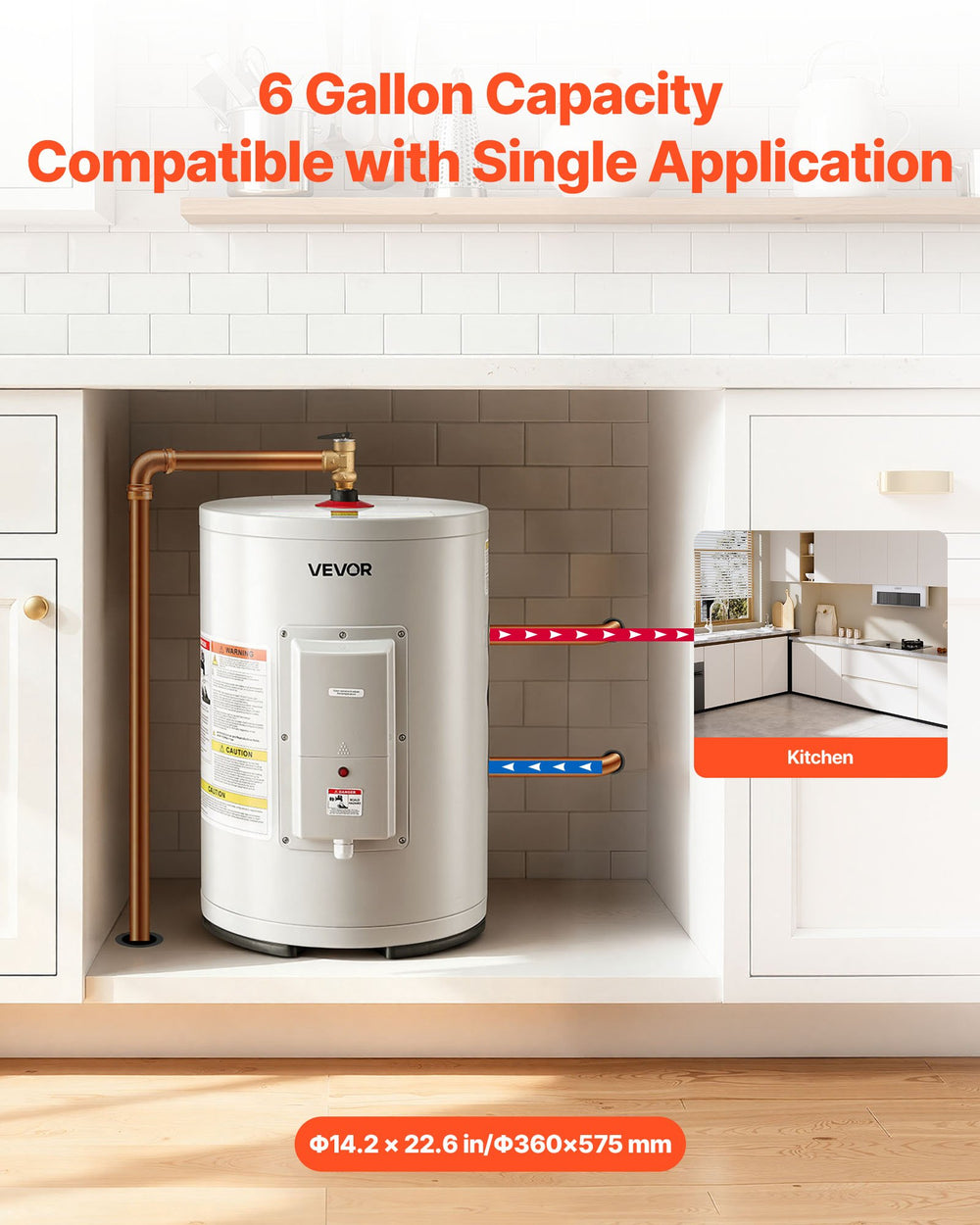 VEVOR 6 Gallon Electric Tank Water Heater, 1600W Point-of-Use Hot Water Heater with LED Display, Knob Control, Top Outlet, 120V Storage Design with T&P Valve for Studio Apartments, RVs, Gray
