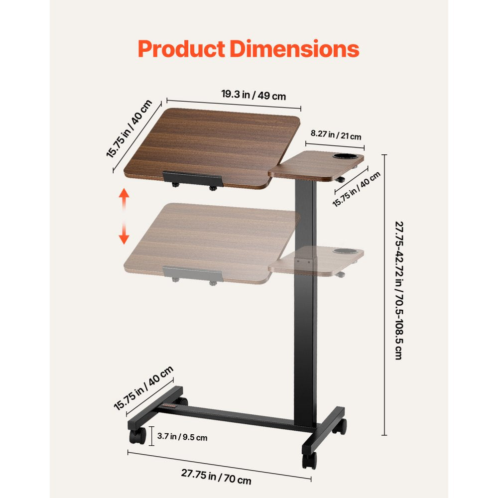 VEVOR Overbed Table, Mobile Bed Side Table with Flip Desktop and 4 Wheels, Height & Angle Adjustable Rolling Laptop Desk with Cup Holder, Portable Over Bed Desk for Home, Office, Study, Wood + Black