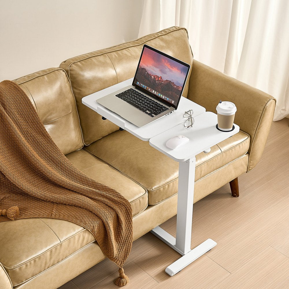 VEVOR Overbed Table, Mobile Bed Side Table with Flip Desktop and 4 Hidden Wheels, Height & Angle Adjustable Rolling Laptop Desk with Cup Holder, Portable Over Bed Desk for Home, Office, Study, White