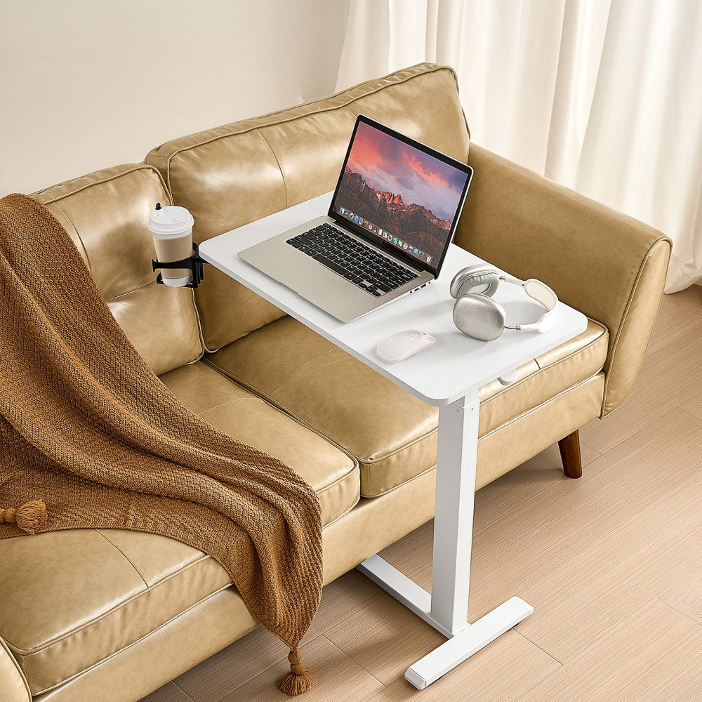 VEVOR Overbed Table, Mobile Bed Side Table with 4 Hidden Wheels, Height Adjustable Rolling Laptop Desk with Cup Holder, Portable Particleboard Over Bed Desk for Home, Office, Study, White