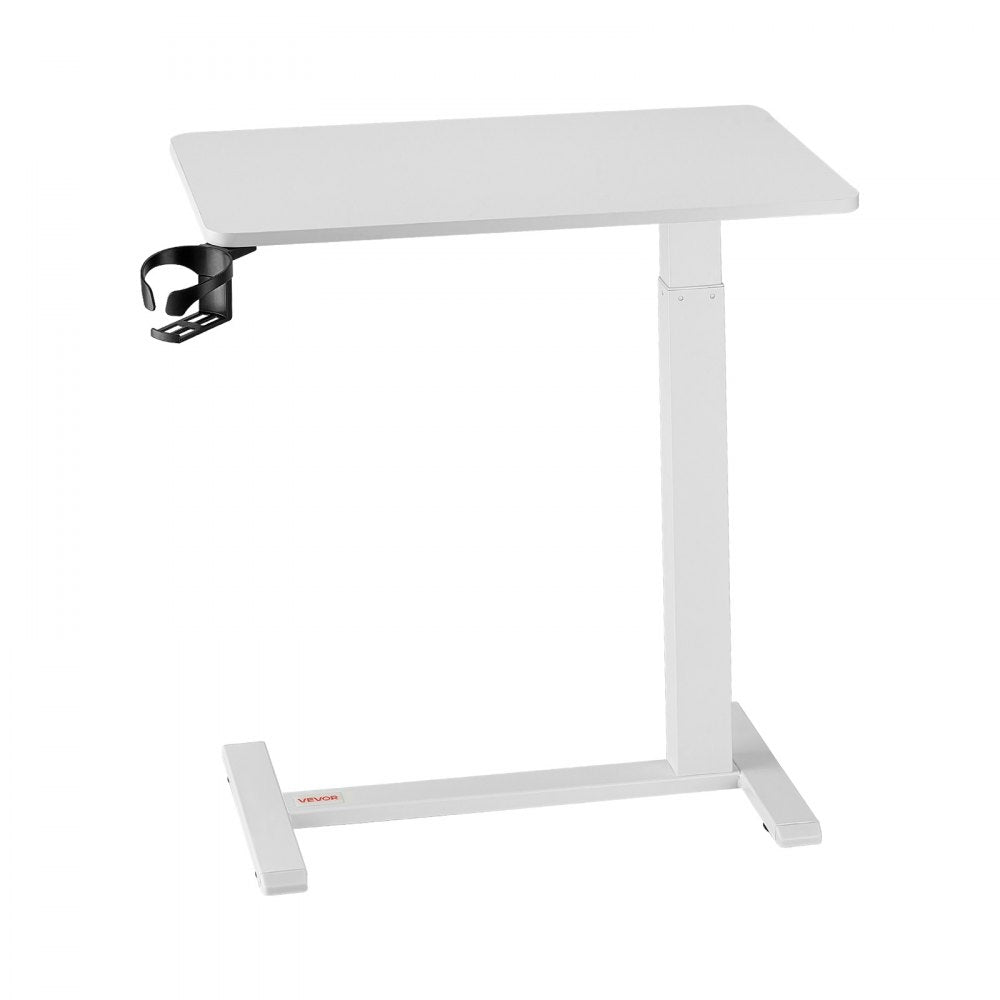 VEVOR Overbed Table, Mobile Bed Side Table with 4 Hidden Wheels, Height Adjustable Rolling Laptop Desk with Cup Holder, Portable Particleboard Over Bed Desk for Home, Office, Study, White