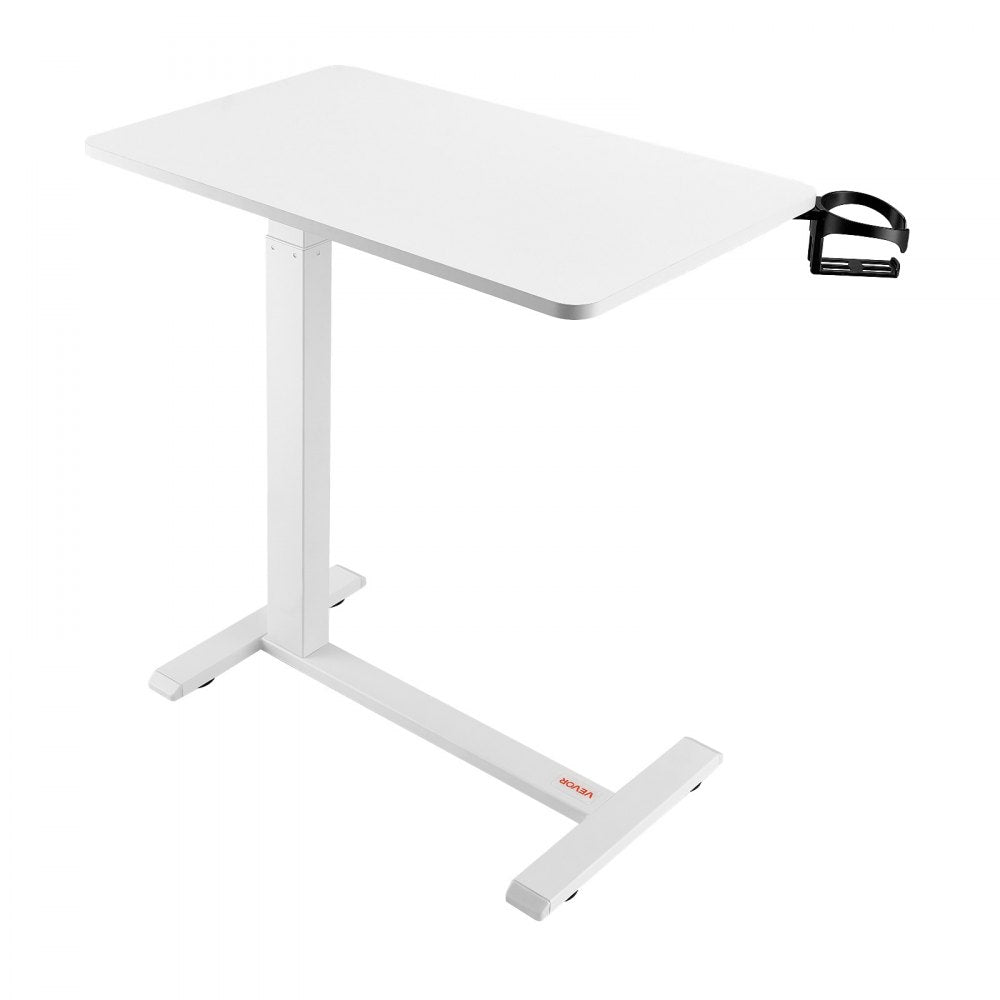 VEVOR Overbed Table, Mobile Bed Side Table with 4 Hidden Wheels, Height Adjustable Rolling Laptop Desk with Cup Holder, Portable Particleboard Over Bed Desk for Home, Office, Study, White