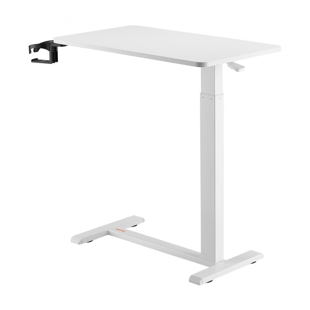 VEVOR Overbed Table, Mobile Bed Side Table with 4 Hidden Wheels, Height Adjustable Rolling Laptop Desk with Cup Holder, Portable Particleboard Over Bed Desk for Home, Office, Study, White