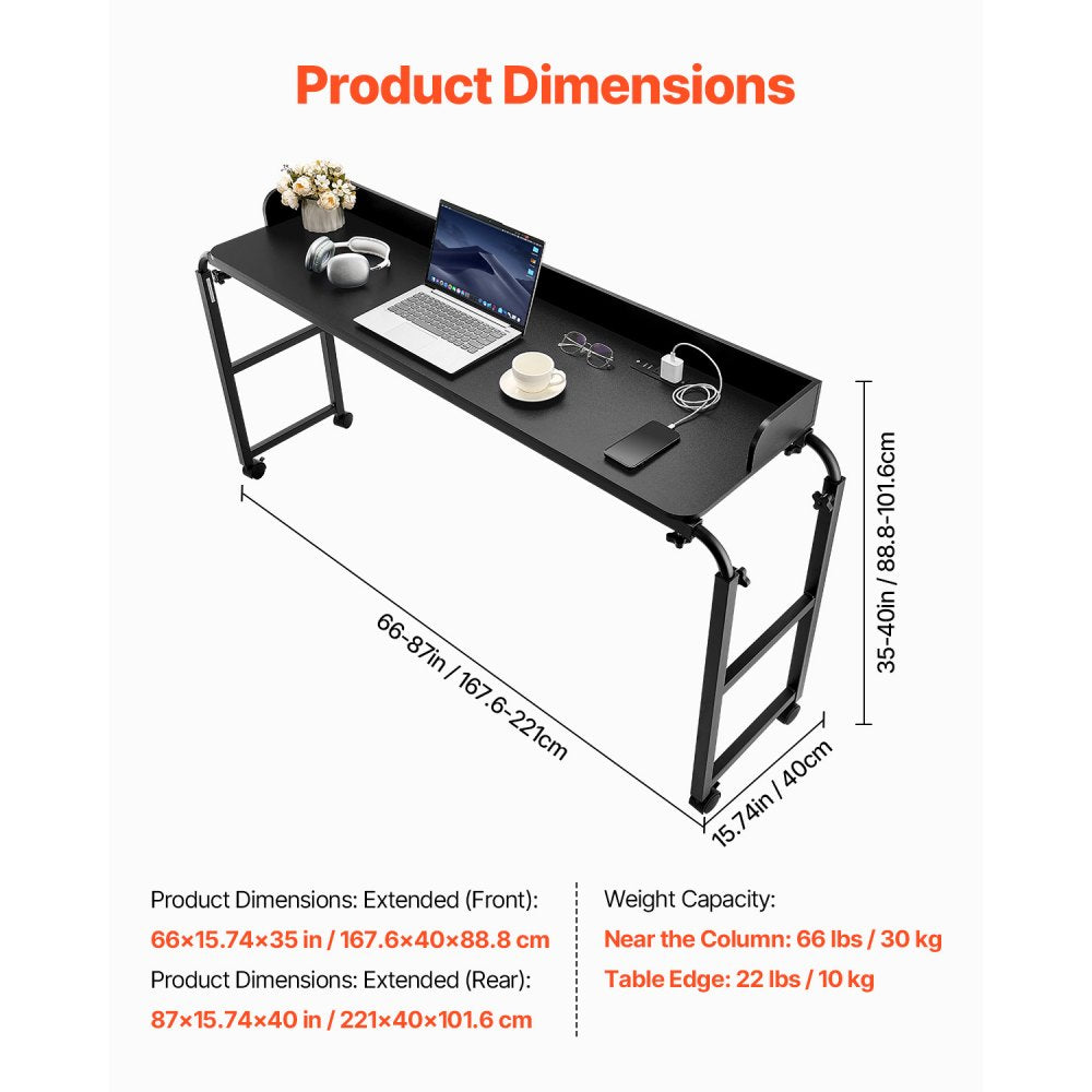 VEVOR Overbed Table, Mobile Bed Side Table with 4 Wheels (2 with Brakes) and Power Socket, Height Adjustable Rolling Laptop Desk, Portable Particleboard Over Bed Desk for Home, Office, Study, Black