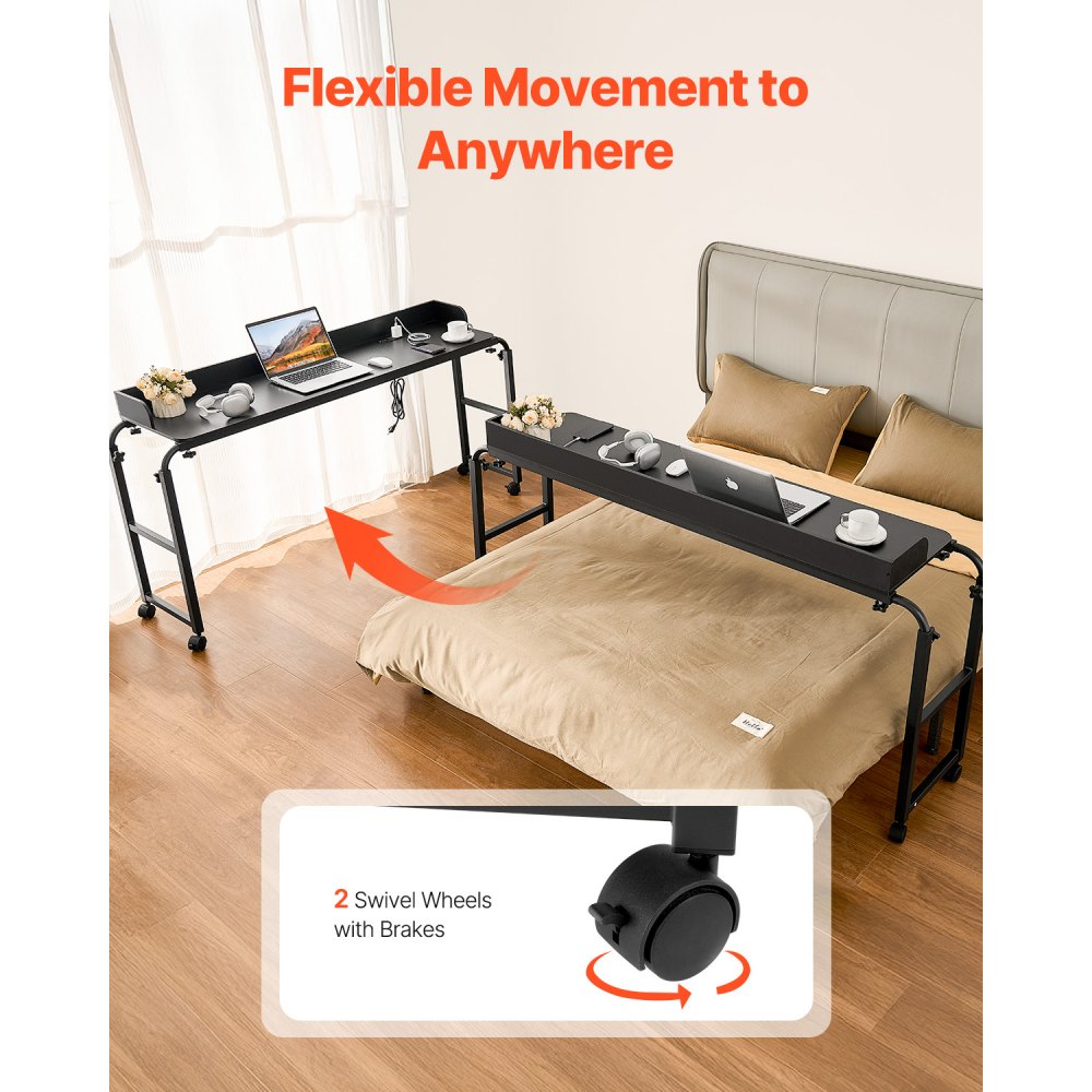 VEVOR Overbed Table, Mobile Bed Side Table with 4 Wheels (2 with Brakes) and Power Socket, Height Adjustable Rolling Laptop Desk, Portable Particleboard Over Bed Desk for Home, Office, Study, Black