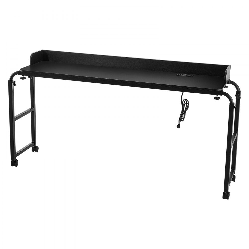 VEVOR Overbed Table, Mobile Bed Side Table with 4 Wheels (2 with Brakes) and Power Socket, Height Adjustable Rolling Laptop Desk, Portable Particleboard Over Bed Desk for Home, Office, Study, Black