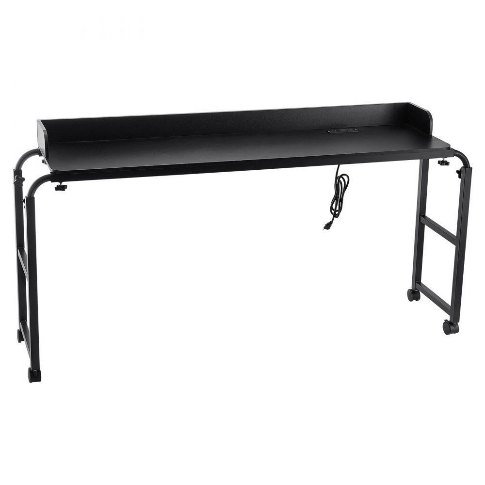 VEVOR Overbed Table, Mobile Bed Side Table with 4 Wheels (2 with Brakes) and Power Socket, Height Adjustable Rolling Laptop Desk, Portable Particleboard Over Bed Desk for Home, Office, Study, Black