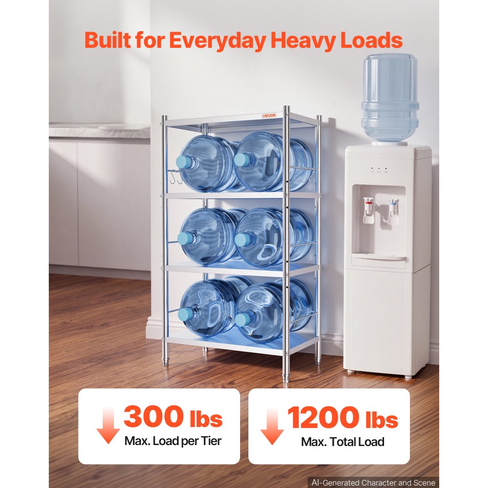 VEVOR Stainless Steel Shelving 4-Tier 23.6 x 13.9 x 51.4 in Storage Rack, for Kitchen Pantry Garage, 300 lb Per Shelf Heavy-Duty Organizer with 3-Level Adjustable Shelves, 6 Hooks, Leveling Feet