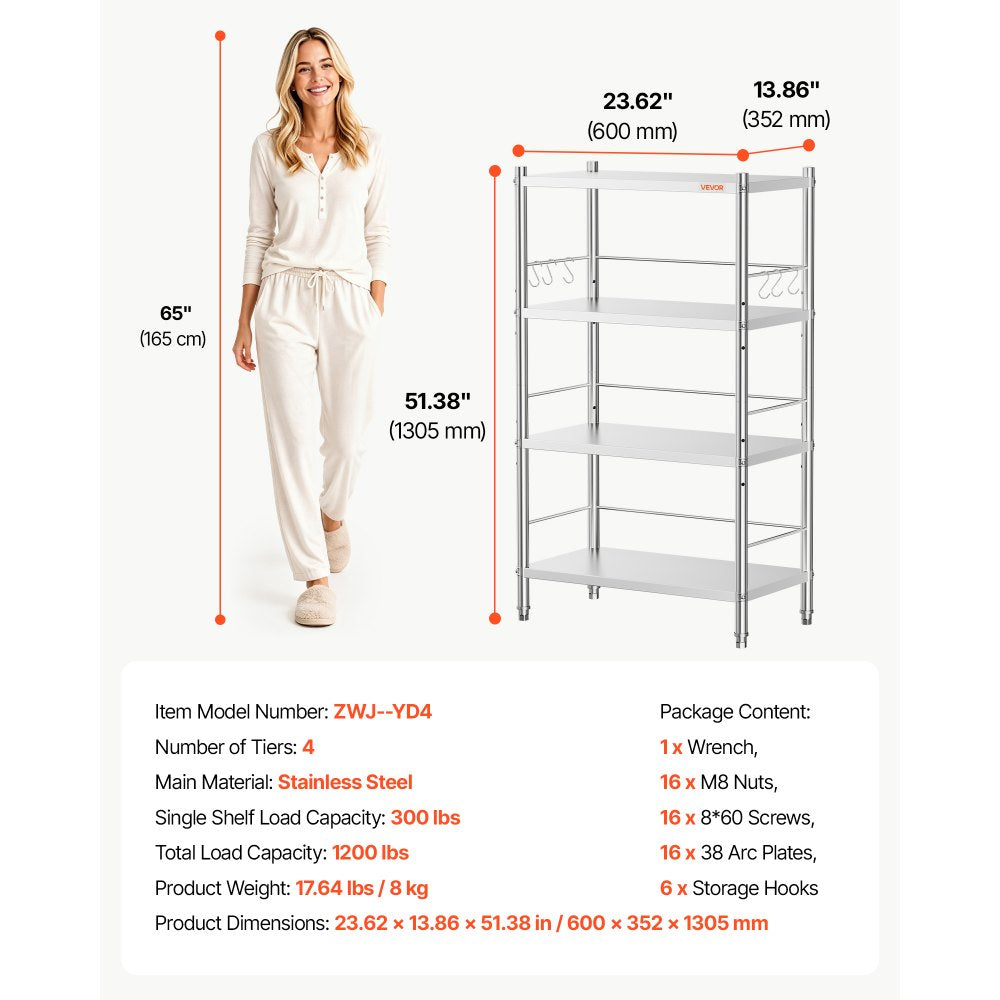 VEVOR Stainless Steel Shelving 4-Tier 23.6 x 13.9 x 51.4 in Storage Rack, for Kitchen Pantry Garage, 300 lb Per Shelf Heavy-Duty Organizer with 3-Level Adjustable Shelves, 6 Hooks, Leveling Feet