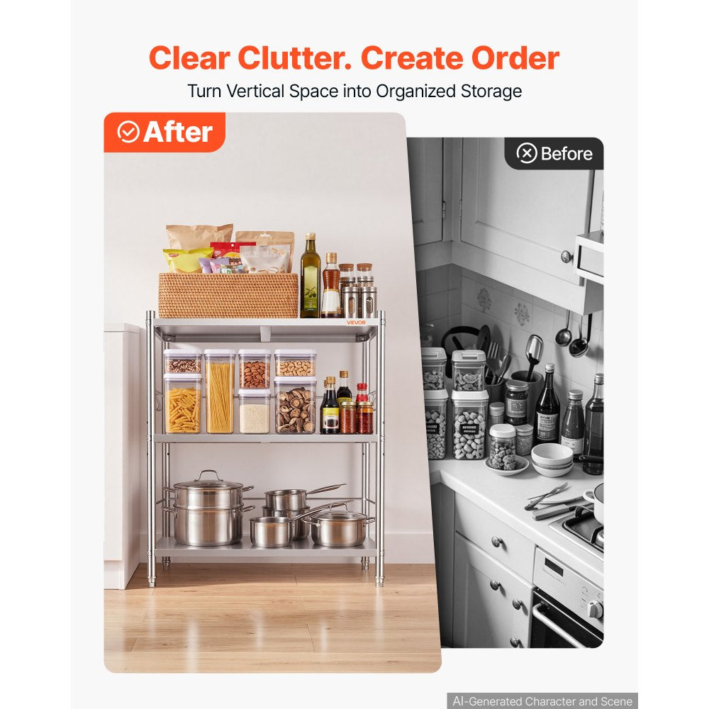VEVOR Stainless Steel Shelving 3-Tier 31.5 x 15.8 x 35.4 in Storage Rack, for Kitchen Pantry Garage, 300 lb Per Shelf Heavy-Duty Organizer with 3-Level Adjustable Shelves, 6 Hooks, Leveling Feet