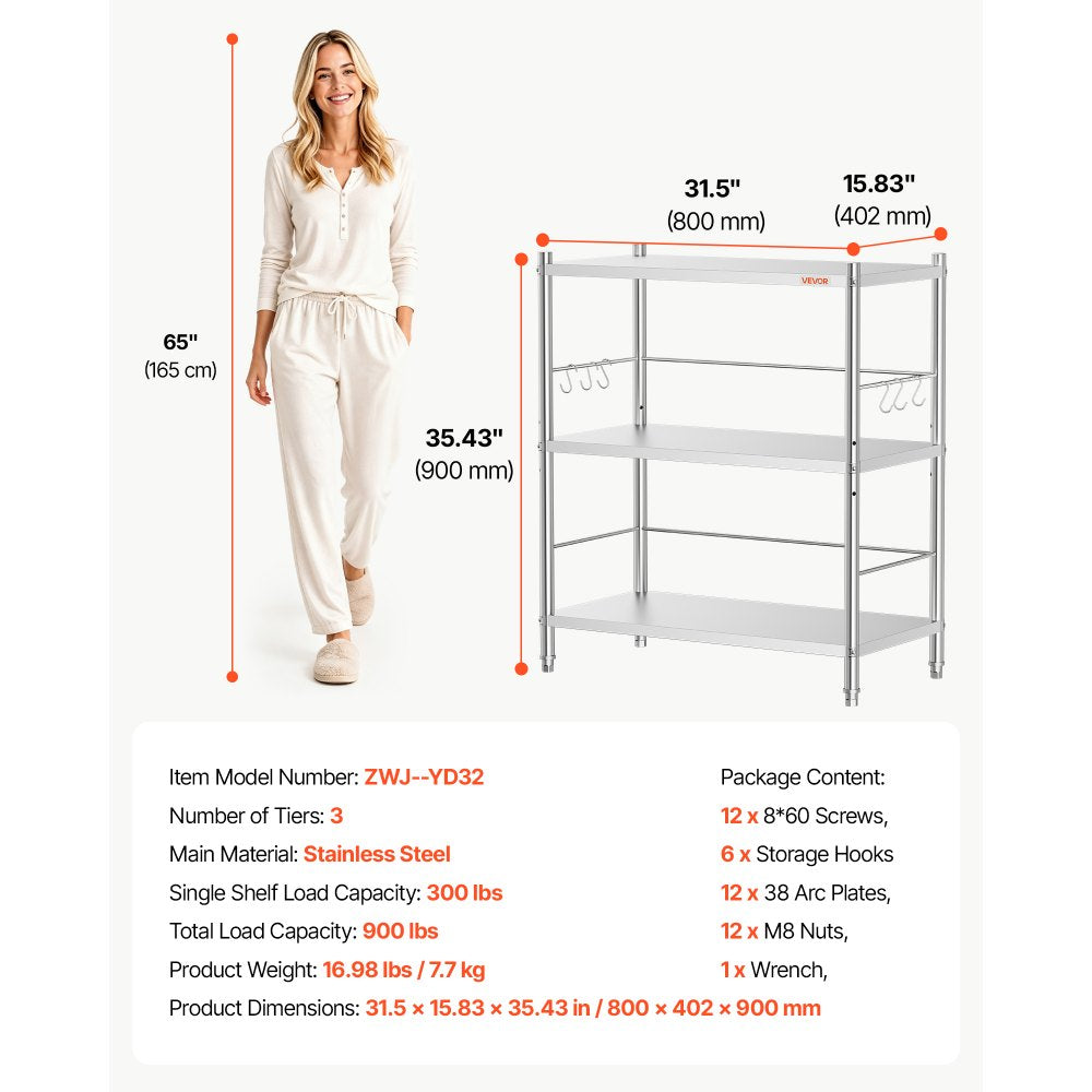 VEVOR Stainless Steel Shelving 3-Tier 31.5 x 15.8 x 35.4 in Storage Rack, for Kitchen Pantry Garage, 300 lb Per Shelf Heavy-Duty Organizer with 3-Level Adjustable Shelves, 6 Hooks, Leveling Feet