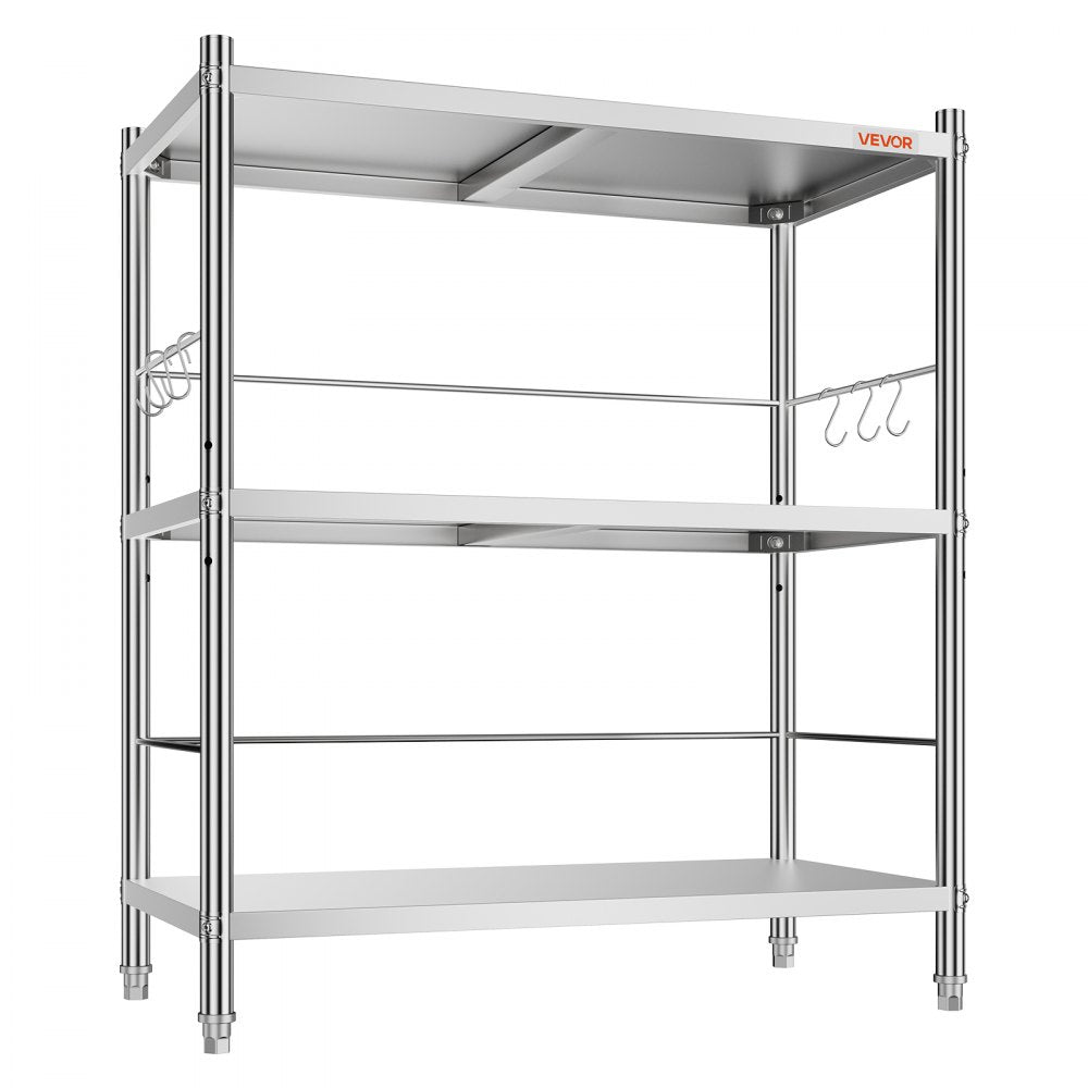 VEVOR Stainless Steel Shelving 3-Tier 31.5 x 15.8 x 35.4 in Storage Rack, for Kitchen Pantry Garage, 300 lb Per Shelf Heavy-Duty Organizer with 3-Level Adjustable Shelves, 6 Hooks, Leveling Feet
