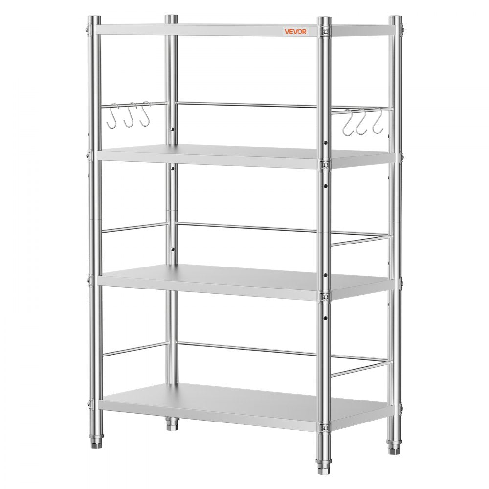 VEVOR Stainless Steel Shelving 4-Tier 31.6 x 15.9 x 51.2 in Storage Rack, for Kitchen Pantry Garage, 300 lb Per Shelf Heavy-Duty Organizer with 3-Level Adjustable Shelves, 6 Hooks, Leveling Feet