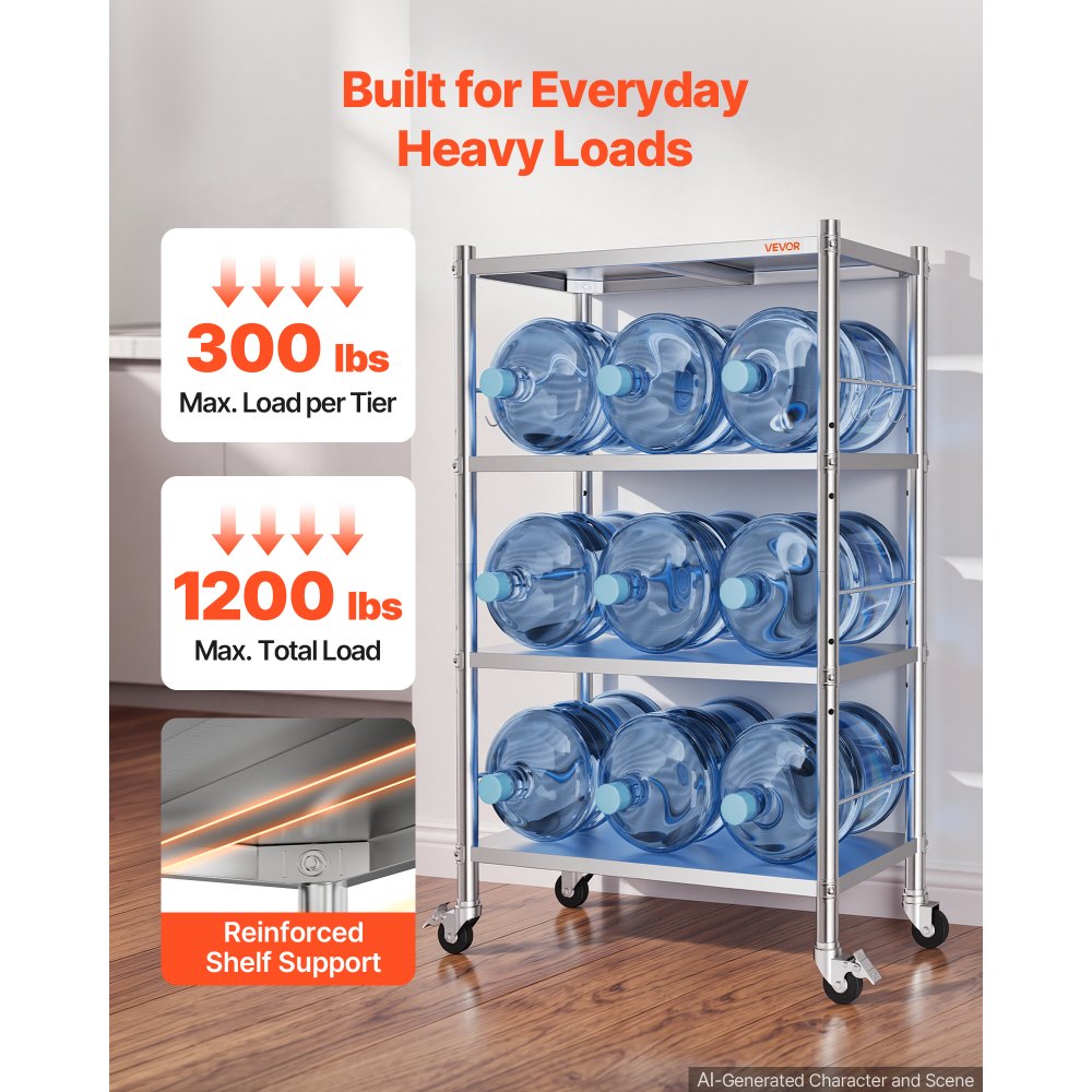 VEVOR Stainless Steel Shelving 4-Tier 31.5 x 15.8 x 53.7 in Storage Rack, for Kitchen Pantry Garage, 300 lb Per Shelf Heavy-Duty Freestanding Organizer with Wheels, 3-Level Adjustable Shelves, 6 Hook