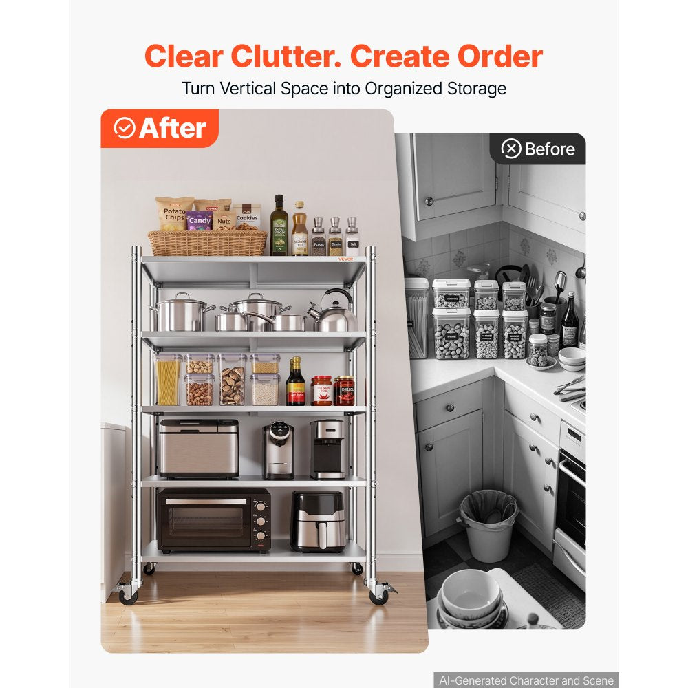 VEVOR Stainless Steel Shelving 5-Tier 47.2 x 17.7 x 73.7 in Storage Rack, for Kitchen Pantry Garage, 1200 lb Total Capacity Heavy-Duty Freestanding Organizer with Wheels, 3-Level Adjustable Shelves