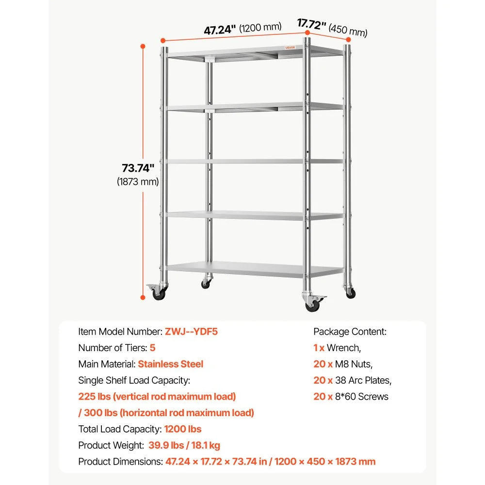 VEVOR Stainless Steel Shelving 5-Tier 47.2 x 17.7 x 73.7 in Storage Rack, for Kitchen Pantry Garage, 1200 lb Total Capacity Heavy-Duty Freestanding Organizer with Wheels, 3-Level Adjustable Shelves
