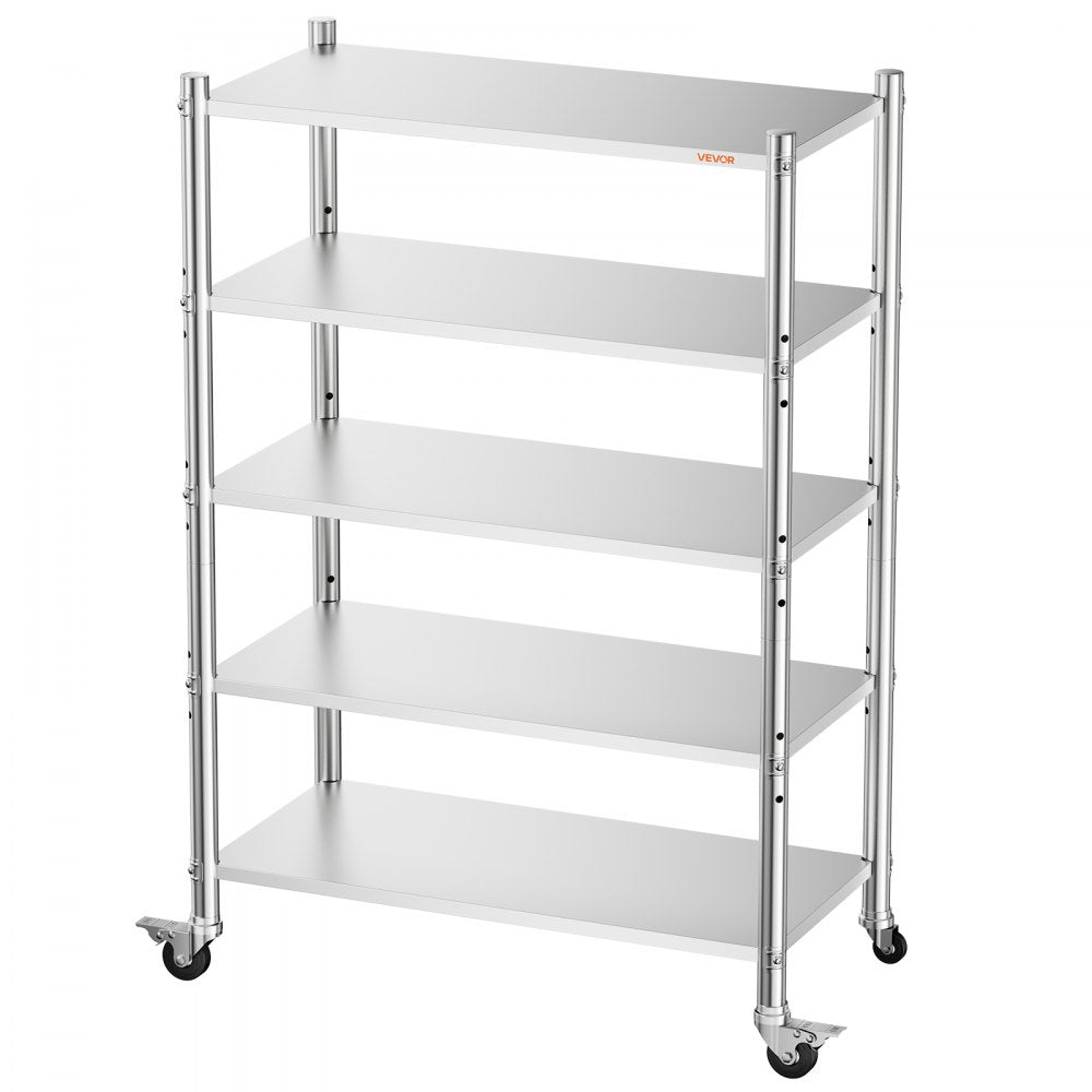 VEVOR Stainless Steel Shelving 5-Tier 47.2 x 17.7 x 73.7 in Storage Rack, for Kitchen Pantry Garage, 1200 lb Total Capacity Heavy-Duty Freestanding Organizer with Wheels, 3-Level Adjustable Shelves