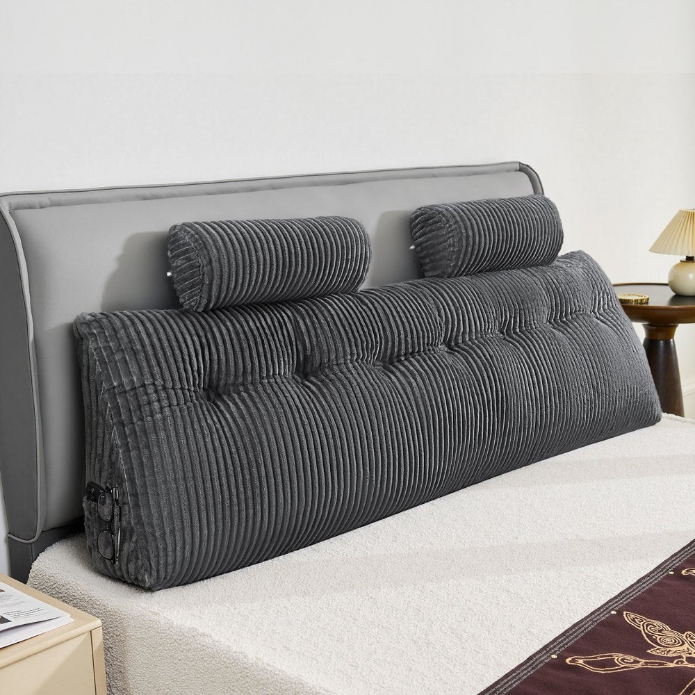 VEVOR Headboard Pillow, King Size Wedge Headboard Pillow with 2 Side Pockets and 2 Headrests, Bed Wedge Pillow with Washable Flannel Cloth, for Reading, Gaming, Resting, Working in Bed, Grey